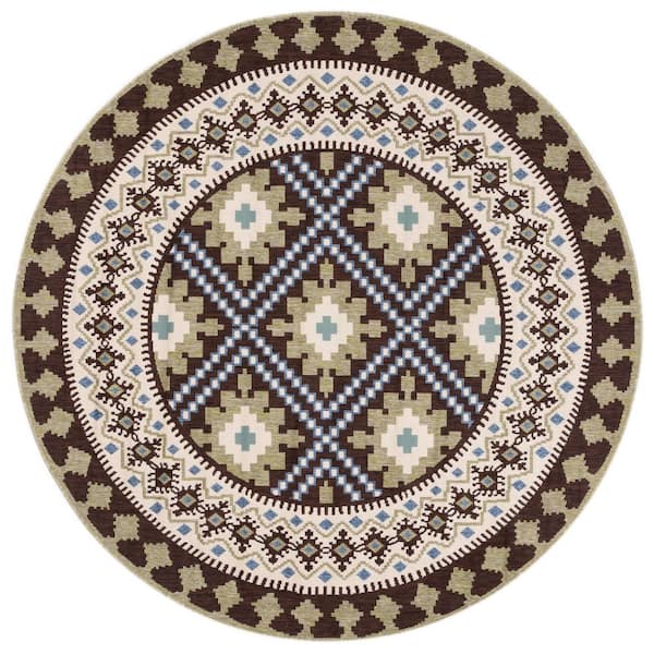 Veranda Chocolate/Green 7 ft. x 7 ft. Aztec Geometric Indoor/Outdoor Round Area Rug
