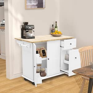 White Wood 53.9 in. Rolling Kitchen Island with Drop Leaf, Spice Rack, Towel Rack, Wheels and Drawer