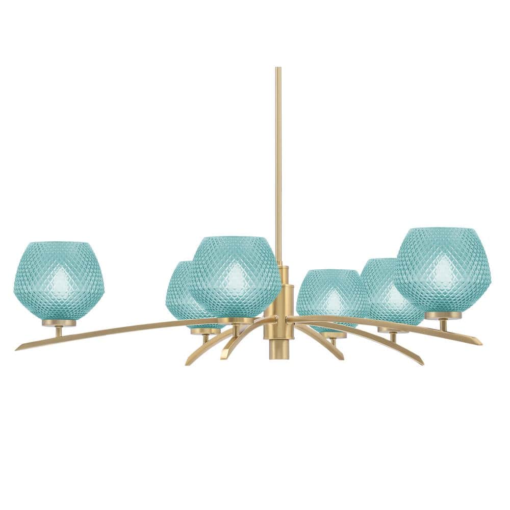 Siena 32 in. 6 Light New Age Brass Chandelier with Turquoise Textured Glass