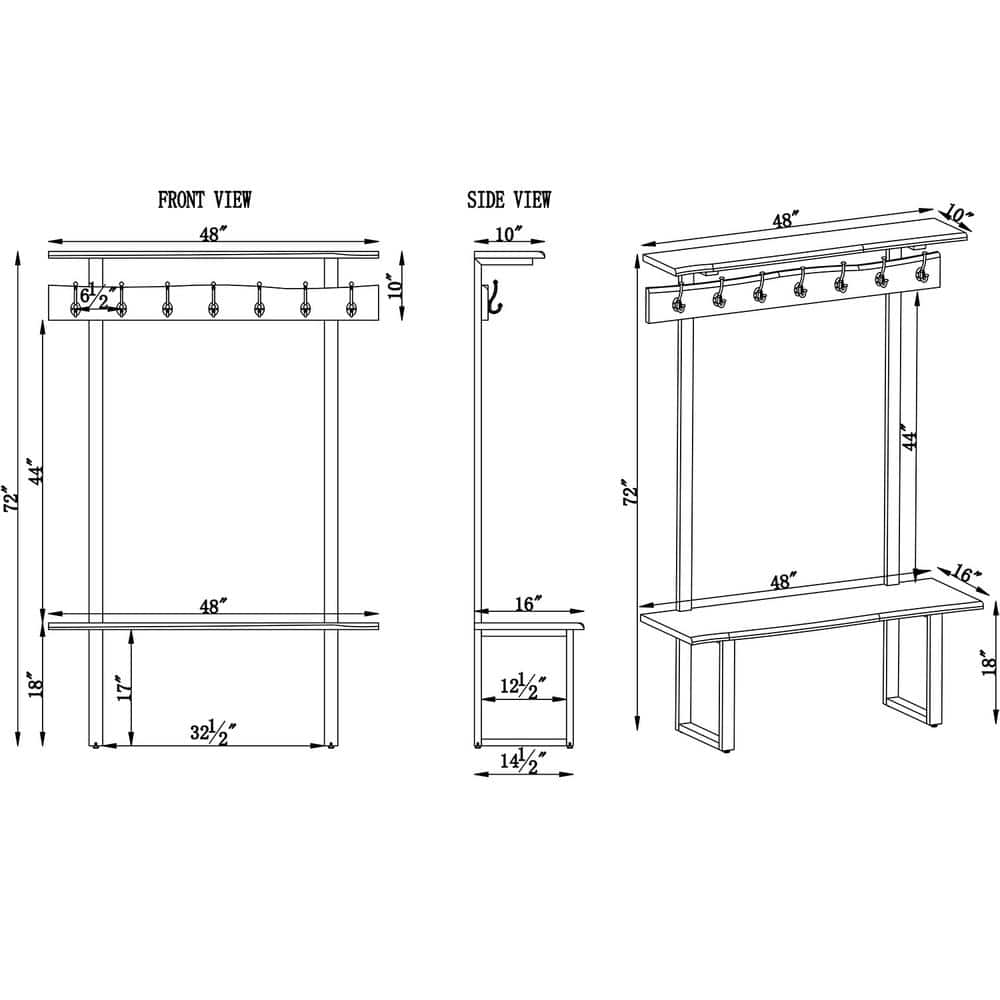 Natural Acacia Wood Hall Tree with Metal Hooks and Shelves