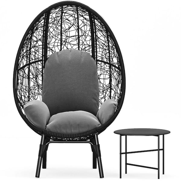 Harper & Bright Designs Black High-end PE Wicker Outdoor Egg Chair, Lounge Chair with Gray Cushion and Side Table