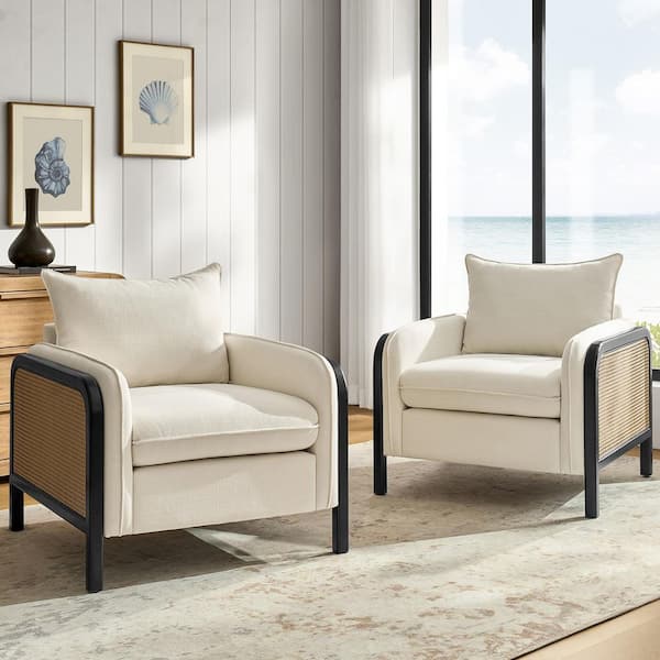 Anitra Natural Upholstered Armchair Set of 2 with Woven Rattan Arms