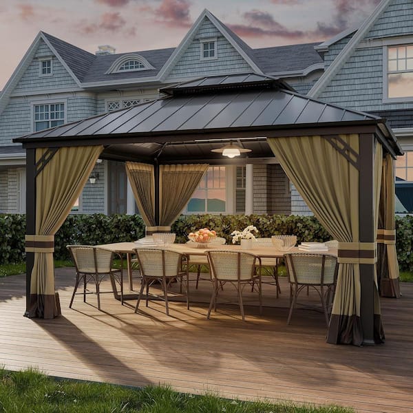 Halmuz 12 ft. x 14 ft. Gray Metal Hardtop Gazebo with Double Roof Pergola, Netting and Curtain Sand