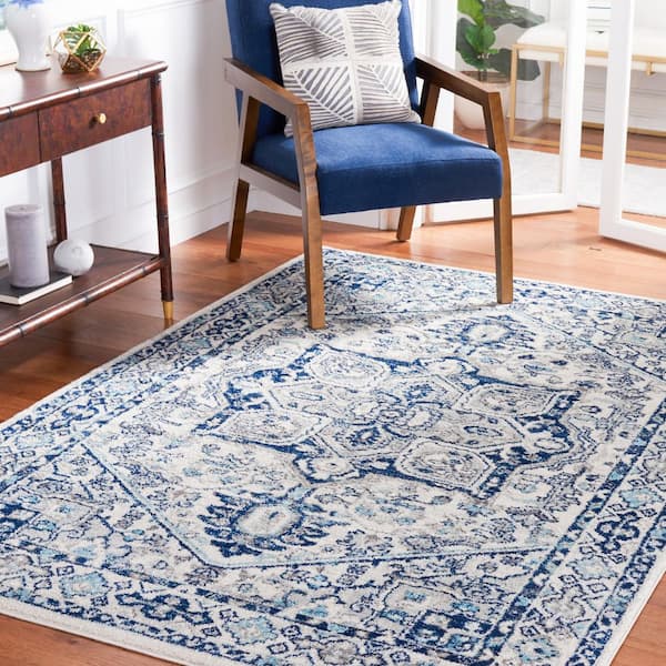 Tulum 9 ft. x 12 ft. Ivory/Blue Medallion Ornate Border Area Rug