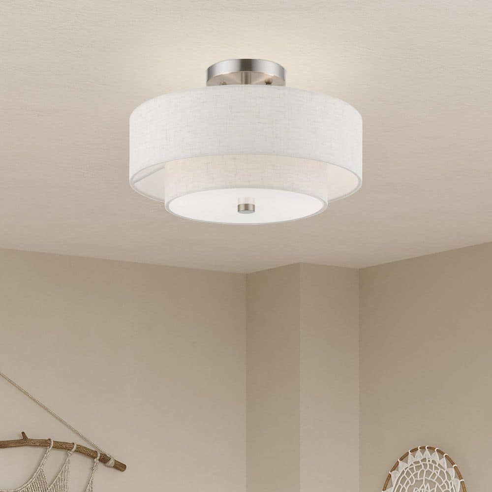 Brushed Nickel 2-Light Drum Semi-Flush Mount with Glass Shade