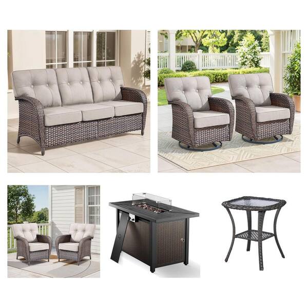 Modern Seaside Wicker Sofa, 2-Piece Swivel Rocking Chair, Lounge Chair with Fire Pit Table and Side Table Combo