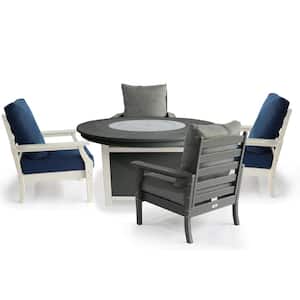 Vail 48 in. 2-Tone Gray Round Firepit 5-Piece Plastic Patio Conversation Set with 2 White/Gray Chairs-Navy/Gray Cushions