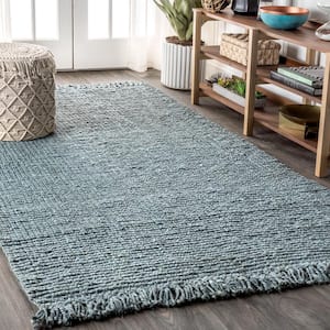 Pata Hand Woven Chunky Jute with Fringe Light Blue/Gray 10 ft. x 13 ft. Area Rug
