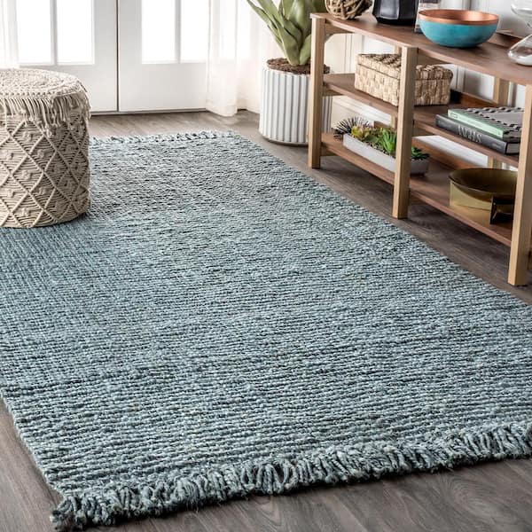 Pata Hand Woven Chunky Jute with Fringe Light Blue/Gray 10 ft. x 13 ft. Area Rug