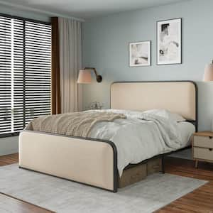 Beige Metal Frame Queen Platform Bed with Curved Upholstered Headboard and Footboard Bed with Under Bed Storage