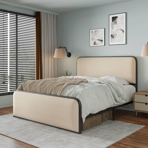 Beige Metal Frame King Platform Bed with Curved Upholstered Headboard and Footboard Bed with Under Bed Storage