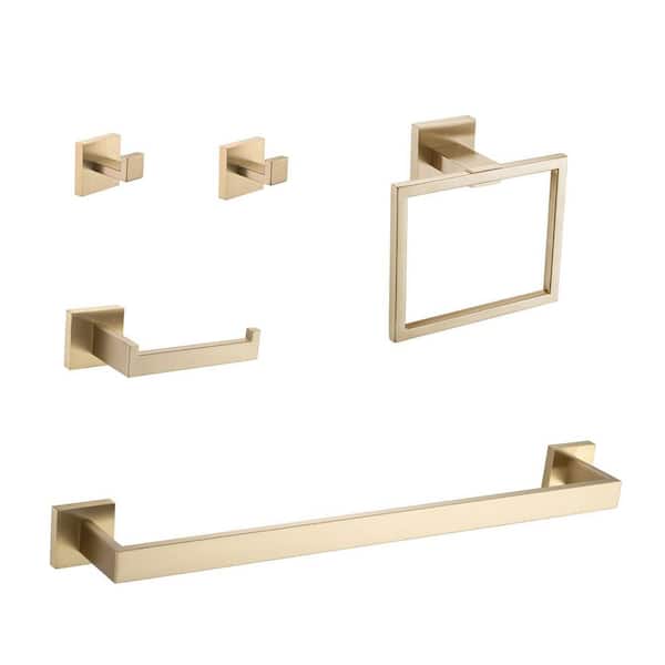 Unbranded 5-Piece Bath Hardware Set with 23.82 in. Towel Bar, Toilet Paper Holder, Robe Towel Hooks in Brushed Gold