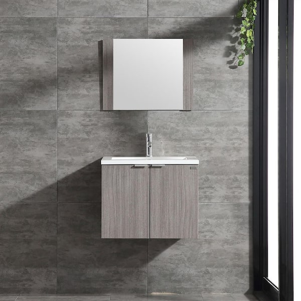Wonline 24 in. W x 18 in. D x 18 in. H Wall Mounted Single Sink Bathroom Vanity in Gray with White Ceramic Top and Mirror