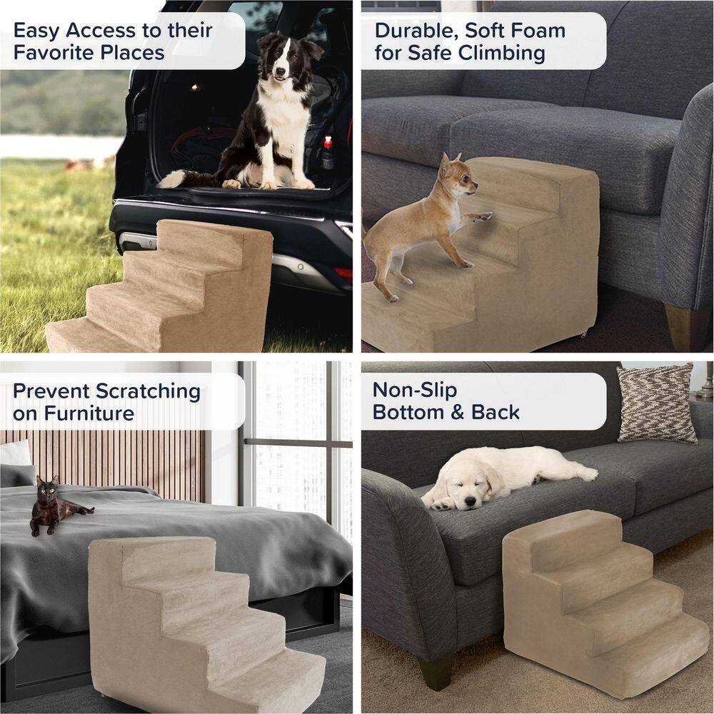 Tan 4-Step High-Density Foam Pet Stairs with Microfiber Cover