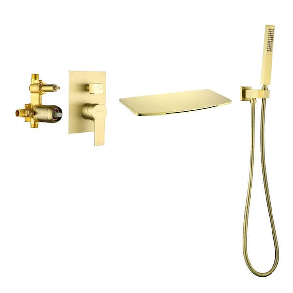 1-Handle 1-Spray Wall-Mount Waterfall Tub and Shower Faucet 2.5 GPM with Hand Shower in Brushed Gold (Valve Included)