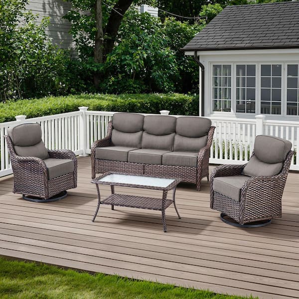 Arcadia Brown 4-Piece Wicker Patio Conversation Set with Swivel Gliders and 6 in. Thick Olefin Gray Cushions