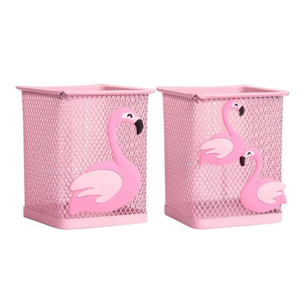2-Pack Metal Square Pen Pencil Holder Cartoon Pink Flamingo Unicorn Desk Organizer Makeup Brush Cup for Girls