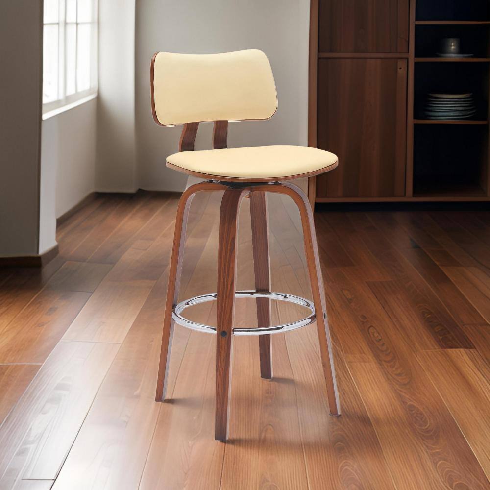 Pino Cream Faux Leather and Walnut Swivel Barstool