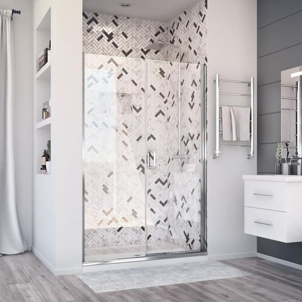 Deluxe 44 in. W x 71.375 in. H Hinged Semi-Frameless Shower Door and Inline Panel in Chrome with Clear Glass