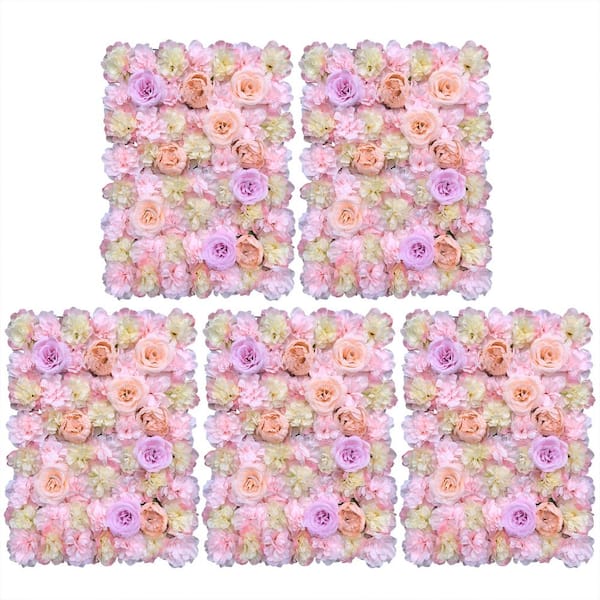 YIYIBYUS Pink Yellow Purple 23.6 in. x 15.7 in. Artificial Floral Wall Panel Silk Rose Backdrop Decor (5-Pieces)