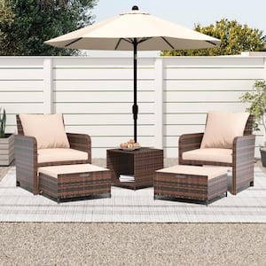 5-Piece Wicker Patio Conversation Set, Outdoor Chairs with Beige Cushions, Coffee Table and Ottomans