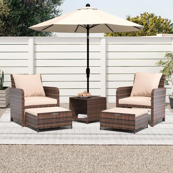UPHA 5-Piece Wicker Patio Conversation Set, Outdoor Chairs with Beige Cushions, Coffee Table and Ottomans