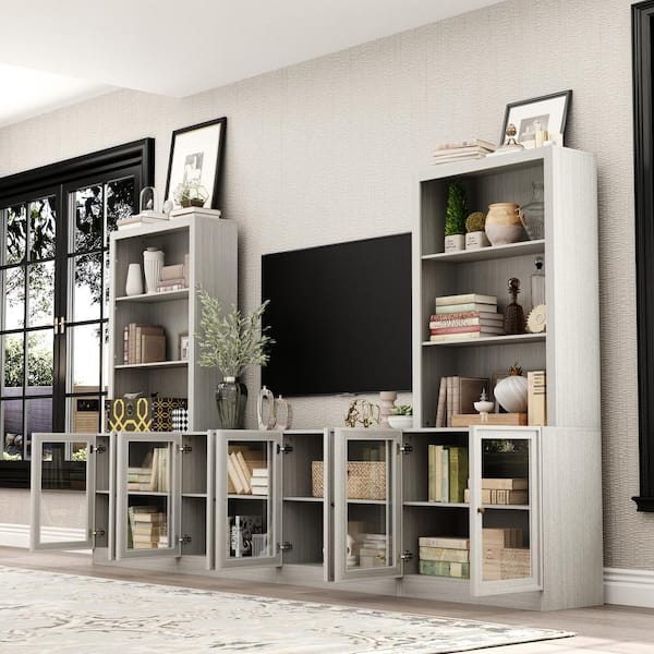 FUFU GAGA Gray Wood 4 Piece Entertainment Center TV Stand Media Console Fits TV s up to 60 in. with Bookshelves and Glass Door KF390059 012 CX