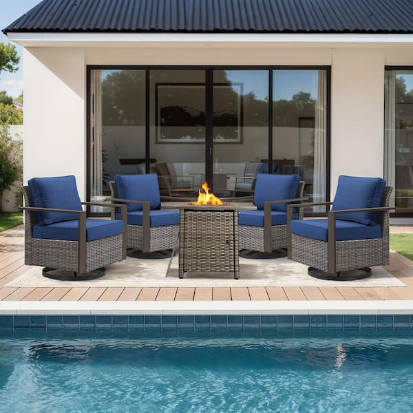 FanKan Gray 5-Piece Wicker Outdoor Glider Chair Patio Deep Seating with Rectangular Fire Table and Blue Cushions