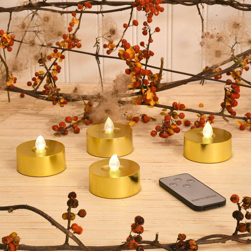 Gold LED Flameless Tealight Candles with Remote Control - Set of 4