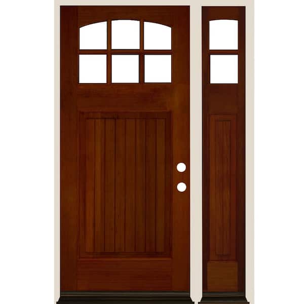 Krosswood Doors 50 in. x 80 in. V-Groove Arch 6-Lite Clear Glass Red Chestnut Stain Left Hand Hemlock Wood Prehung Front Door w/RSL