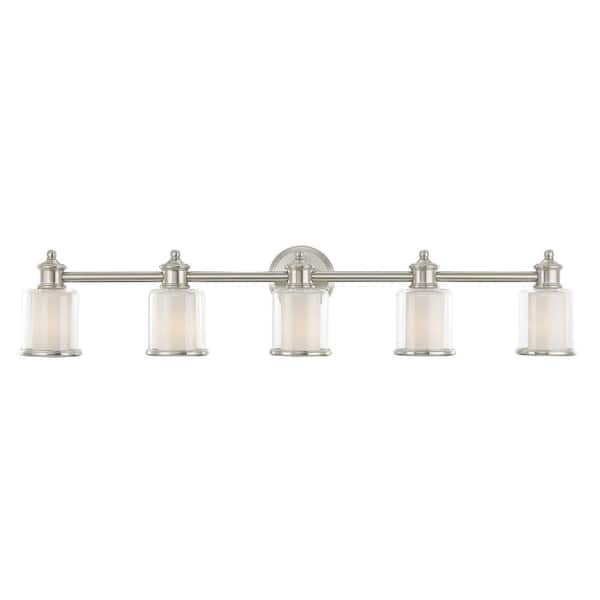 Bellington  45.5 in. 5-Light Brushed Nickel Vanity Light with Clear Outer Glass and Satin Opal Inner Glass