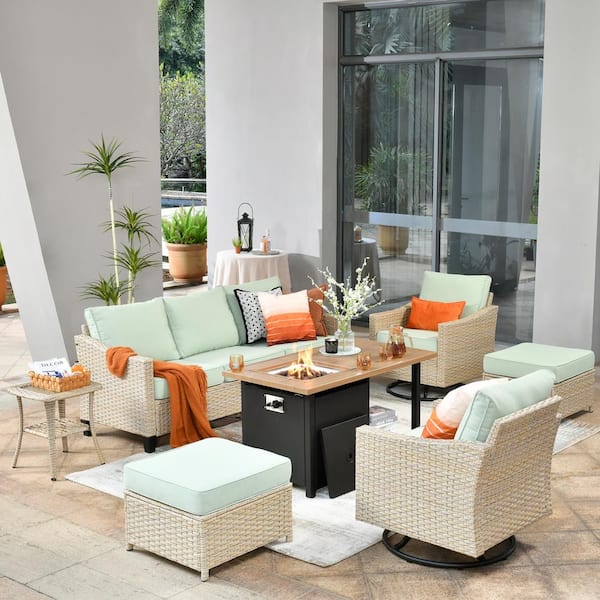 weaxty W Camellia F 7-Piece Wicker Patio Storage Fire Pit Conversation Set with Swivel Rocking Chairs and Mint Green Cushions