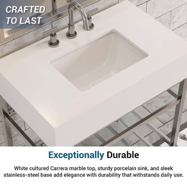 PELHAM & WHITE Manchester Cultured Carrera Marble White Console Sink and  Leg Combo in Brushed Nickel PWC1100-BN - The Home Depot