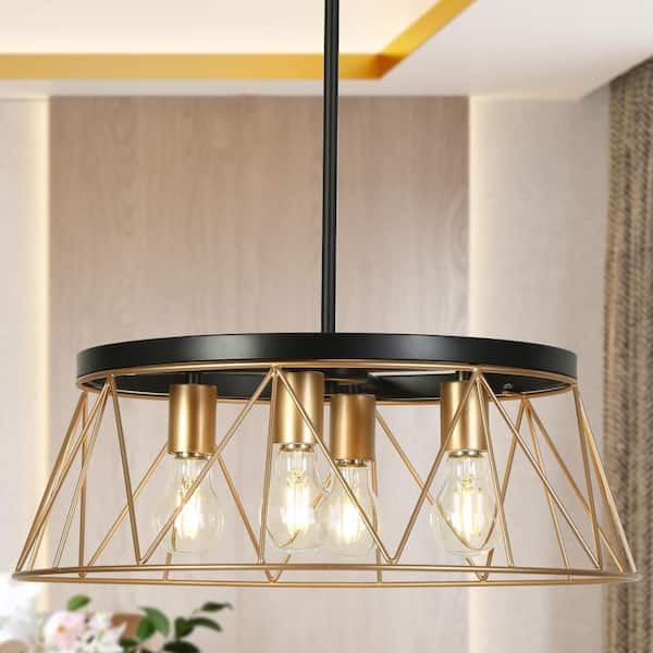Modern Farmhouse 4-light Black Round Chandelier with Dark Gold Cage Shade, Hanging Lamp for Dining Room, Kitchen