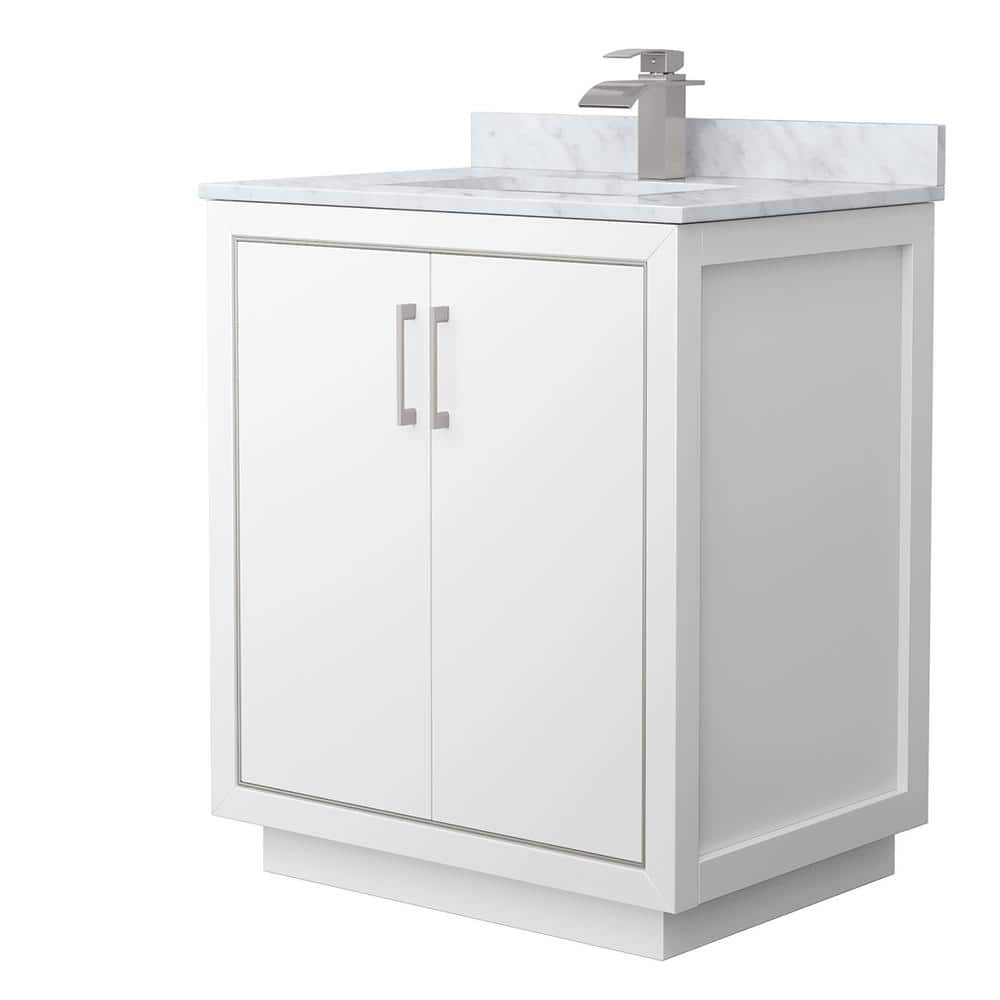 Icon 30" White Marble Single Bathroom Vanity with Brushed Nickel Trim