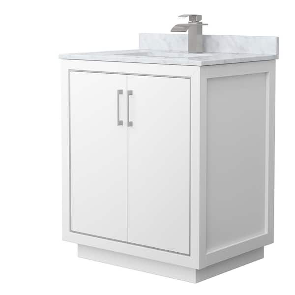 Wyndham Collection Icon 30 in. W x 22 in. D x 35 in. H Single Bath Vanity in White with White Carrara Marble Top