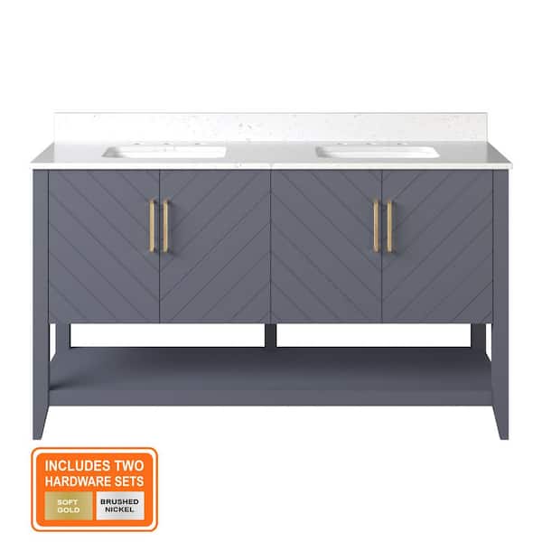 Baybarn 60 in. Double Sink Blue Ash Bath Vanity with White Engineered Carrara Top (Assembled)