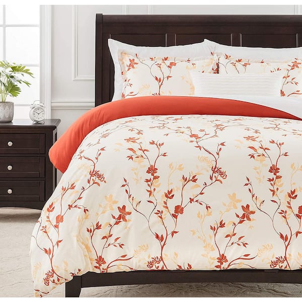 CHANASYA CHANASYA Orange Floral Microfiber Reversible Duvet Cover Set, King Size