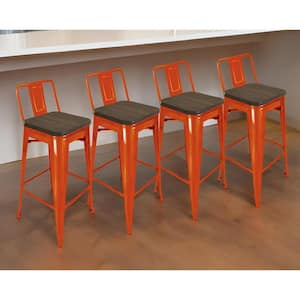 30 in. Brown and Orange Low Back Metal Bar Chair with Wood Seat Set of 4