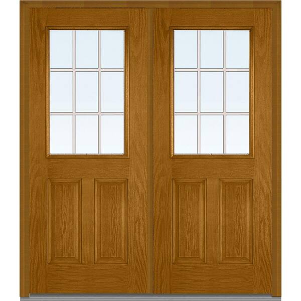 MMI Door 64 in. x 80 in. Tan Internal Grilles Left-Hand Inswing 1/2-Lite Clear 2-Panel Stained Fiberglass Oak Prehung Front Door