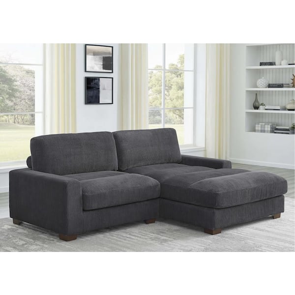 Monland 90 in. Wide Square Arm Polyester Corduroy L-Shaped Sofa Oversized Deep-Seated 2-Pieces Sectional Couches in. Grey