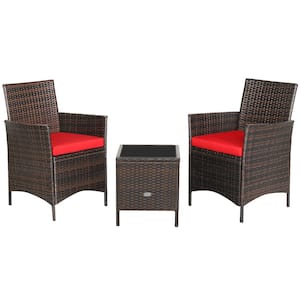 3-Piece Wicker Patio Conversation Set with Red Cushions