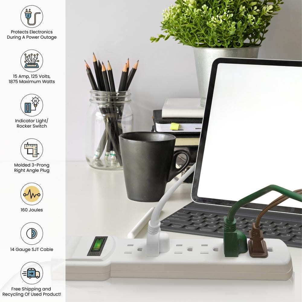 White 3' Cord 6-Outlet Surge Protector with Circuit Breaker