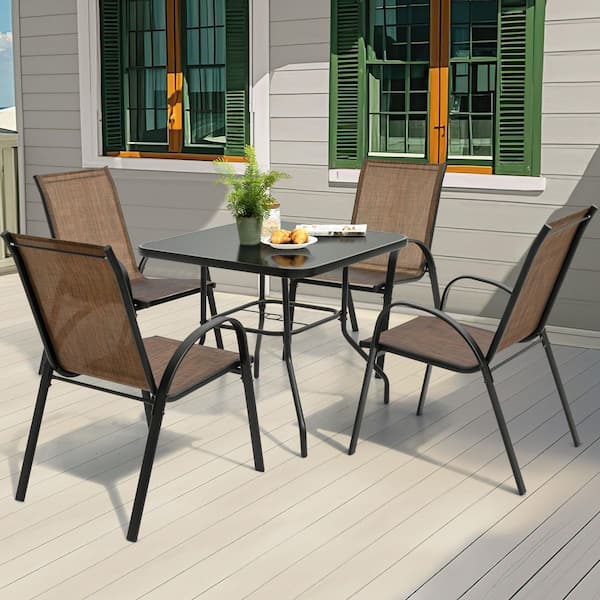 Black 5-Piece Metal and Textilene Square Outdoor Dining Set with Stackable Chairs and Umbrella Hole