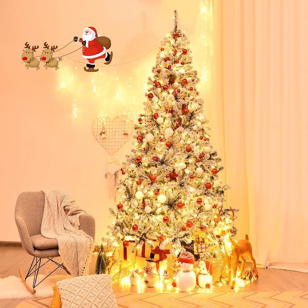 9 ft. Pre-Lit LED Flocked Snow Hinged Pine Artificial Christmas Tree with 550 White Lights