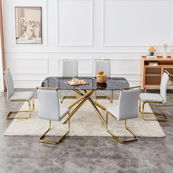 Polibi Black Tempering Glass Top Material 70.87 in. Golden Cross Legs Table Base Type Dining Table Seats 6