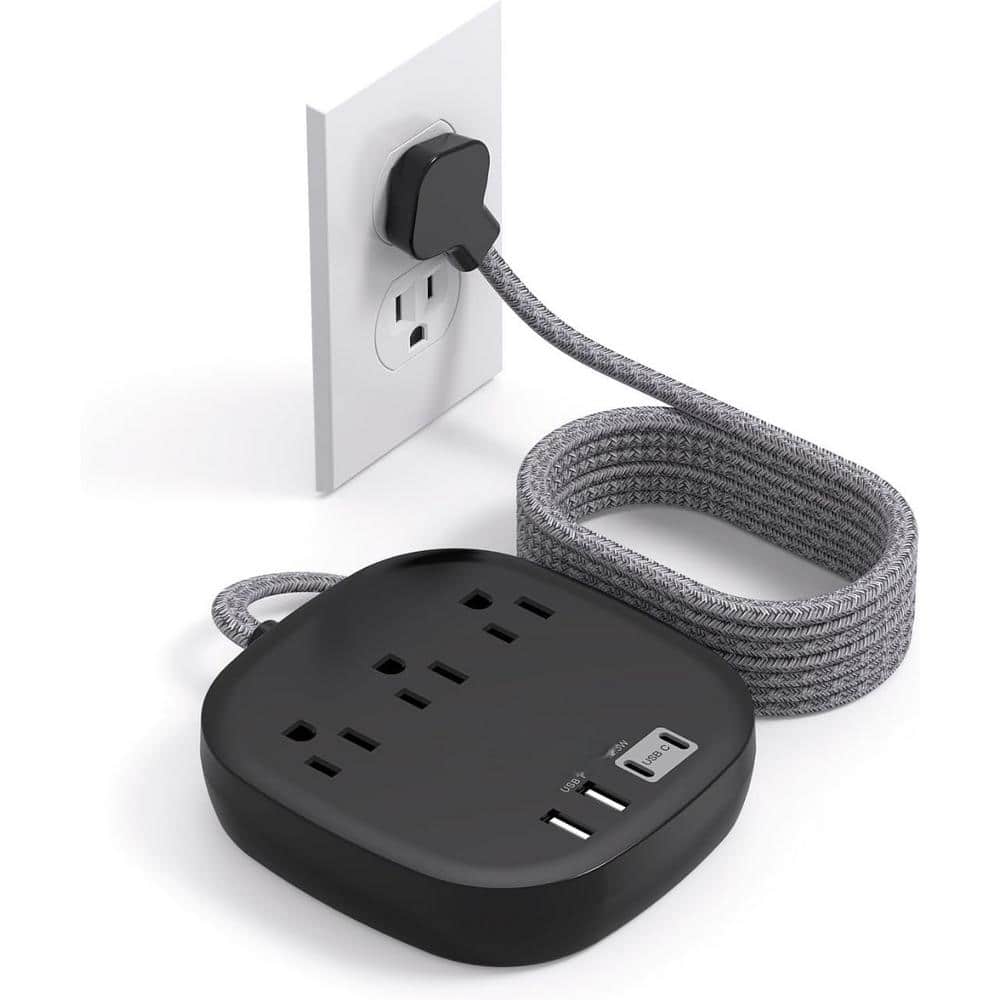 3-Outlet Power Strip with 4 USB Ports (2 USB C) and 15 ft. Ultra Flat Exten