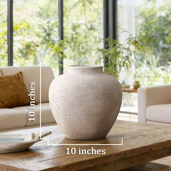 10 in. Rustic Beige Ceramic Tall Pot Decorative Vase Large Waterproof Handcrafted Texture for Living Room Kitchen ID351PH033