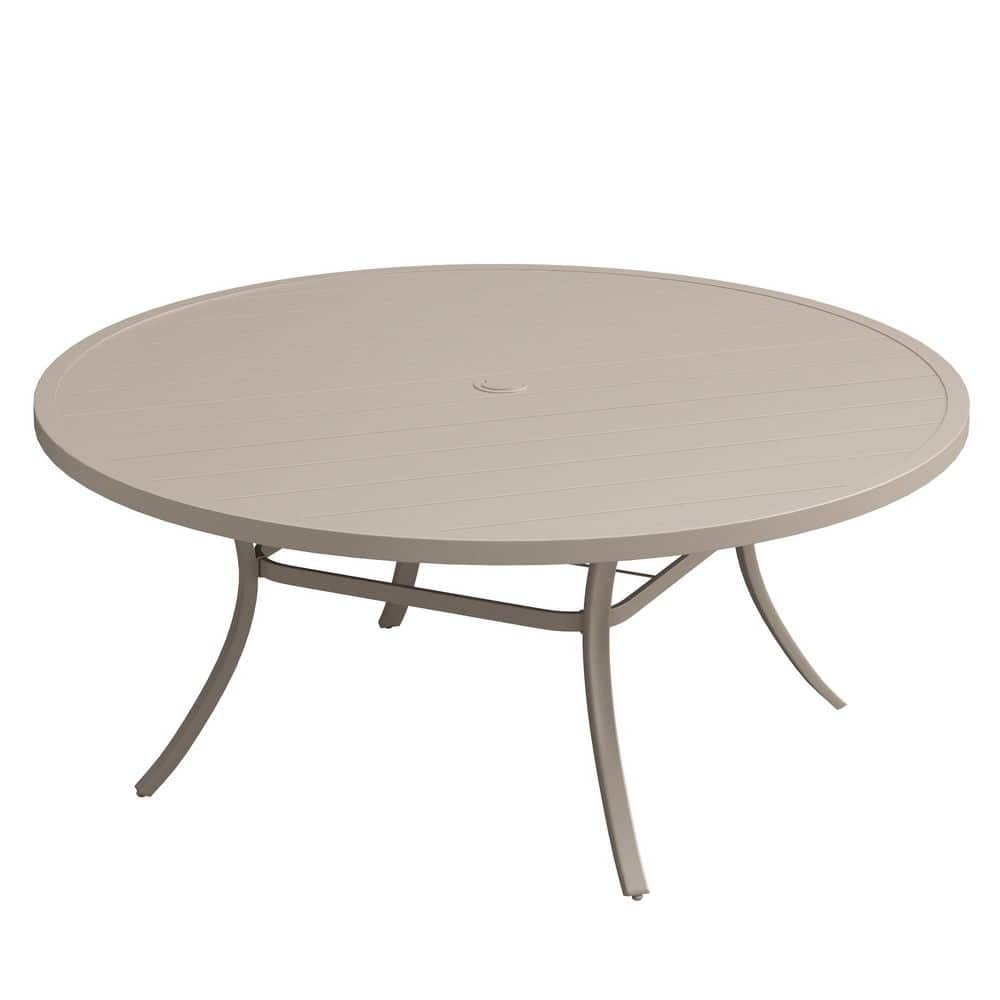 63 in. Sandshell Round Metal Outdoor Dining Table for 8-10 with Adjustable Umbrella Hole and Slatted Top for Lawn price history on PriceWatchPro