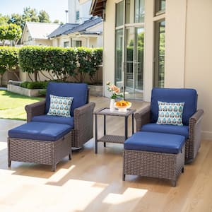 Nyajiah 5-Piece Wicker Patio Conversation Set with Blue Cushions